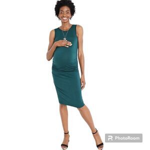 XL Maternity Green Tank Midi Dress Bodycon Modest Ruched Stretch Knit Scoop Neck